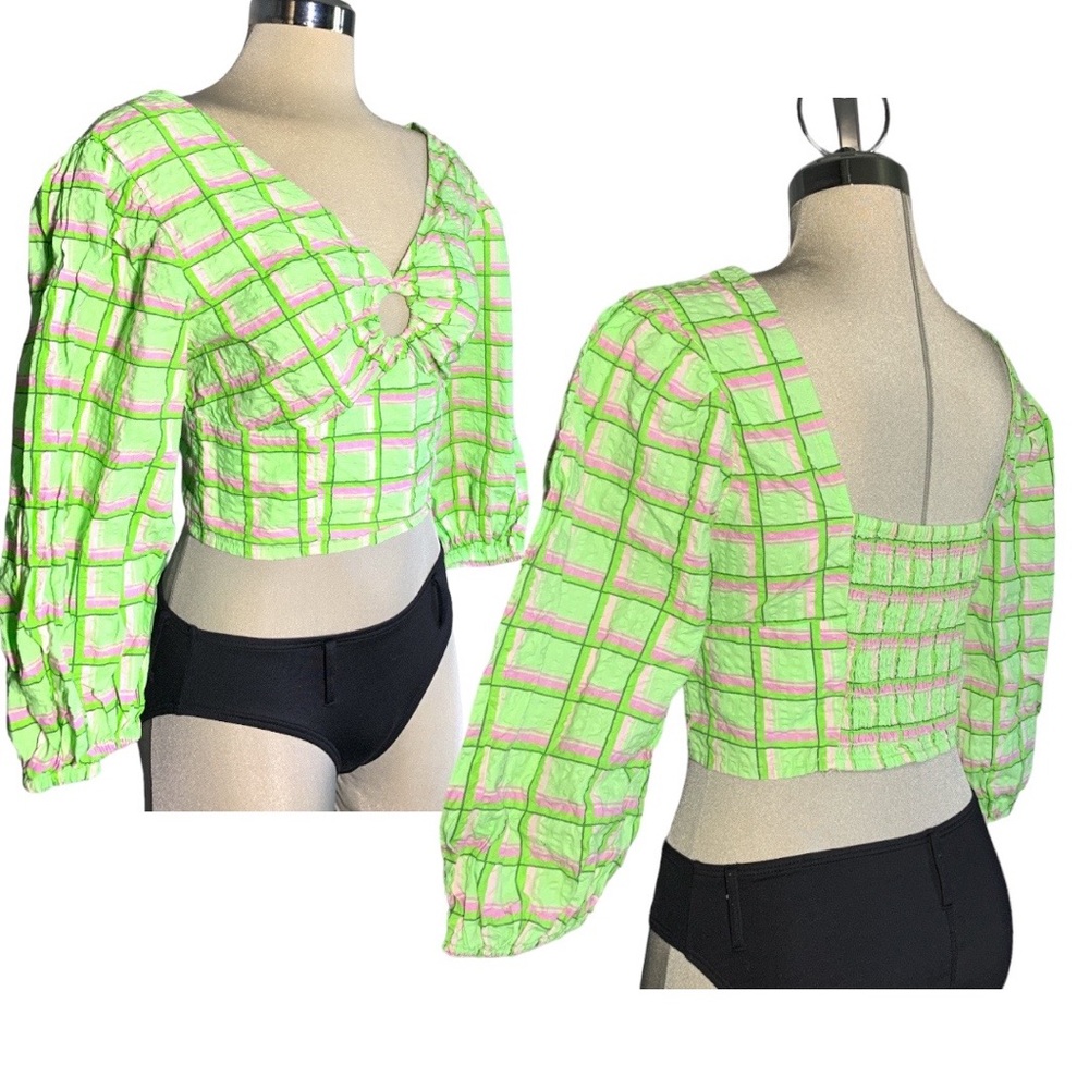 PRIMARK  Gorgeous Green and Pink Plaid 3/4 sleeves  Crop Top Size 8